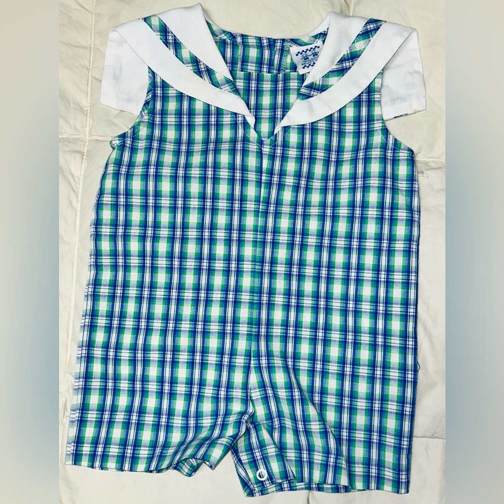 Kelly’s Kids plaid Jon Jon w/sailor collar sz 12 months EUC smoke free home